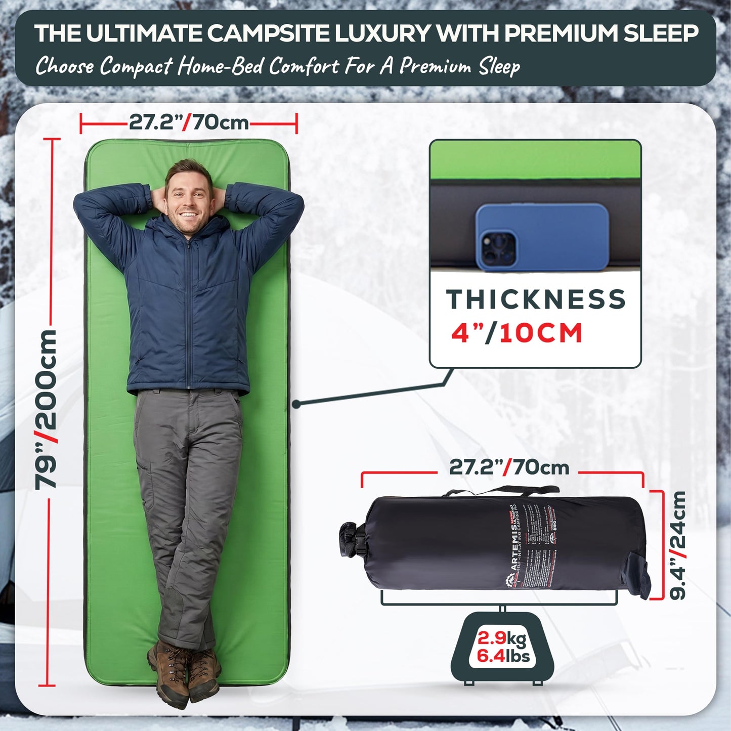 Gear Doctors Artemis 8.3 R-Value Self Inflating Sleeping Pad Camping—Air Mattress Camping—Mattress Pad 4 Season 3D Air Foam 4" Thick Insulated Inflatable Foam Sleeping Mat for Luxury Camp/Car/Cot/Tent