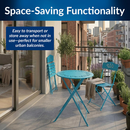 Alpine Corporation 3-Piece Bistro Set with Folding Table and 2 Chairs, Durable Steel Indoor/Outdoor Patio Furniture, Compact Seating, Blue
