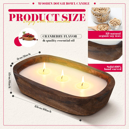 Threlaco 2 Pack Wood Dough Bowl Candle Jar Candle Decorative with Wick Scented Candles Soy Gifts for Men Women Farmhouse Table Centerpiece Home(Cranberry)