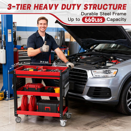 XCX 3 Tier Tool Cart on Wheels, Heavy Duty Metal Rolling with Drawers and Pegboards, 660 LBS Load Capacity Tool Storage Cart, Industrial Utility for Garage, Warehouse, Workshop
