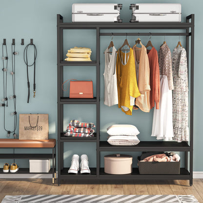 LITTLE TREE Free Standing Wood Closet Clothes Rack,Heavy Duty Grament Rack with Shelves,Hanging Racks for Clothes Clothing Rack for Bedrom,Wardrobe Closet Organizer,350 lb Capacity,Black