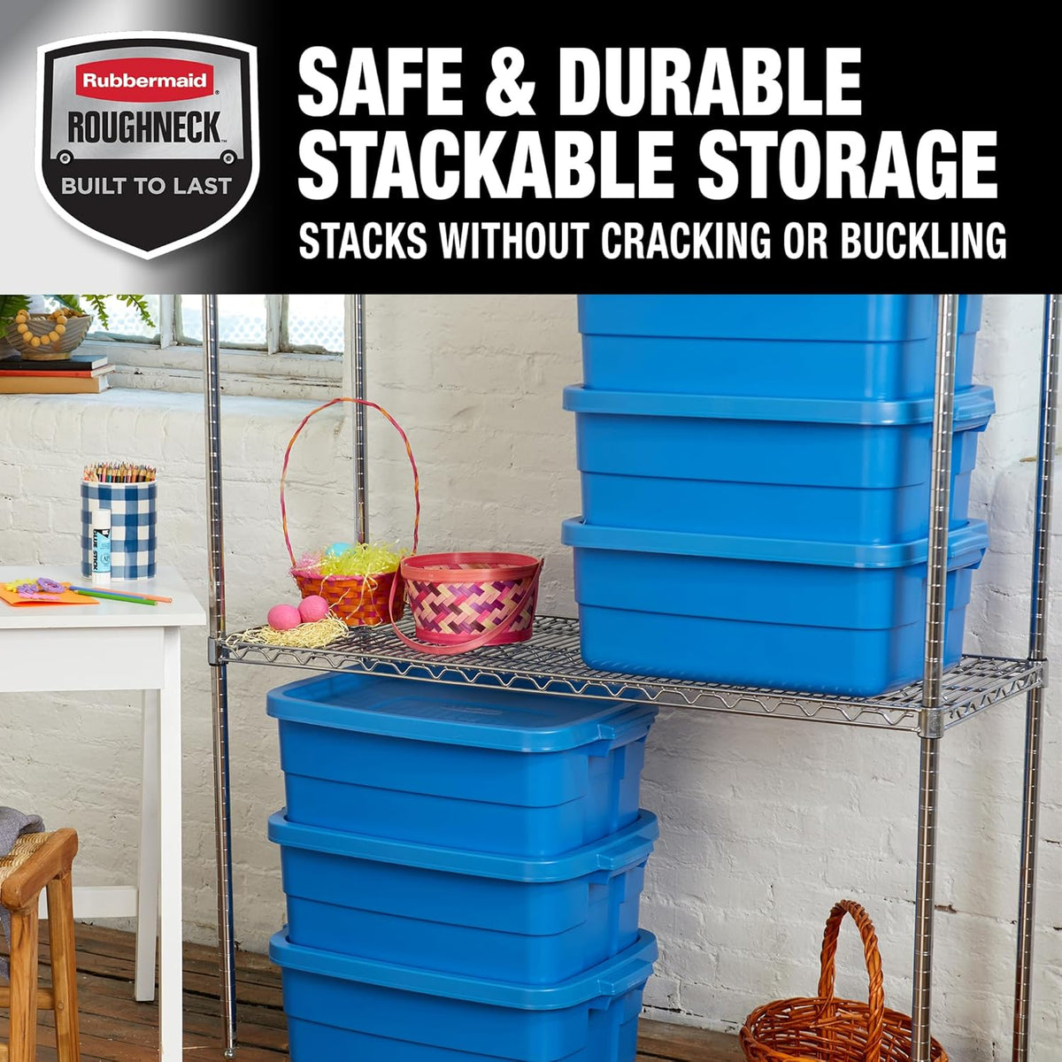 Rubbermaid Roughneck Tote - 10 Gallon Stackable Storage Bins | Rugged Plastic, Heritage Blue, 6 Pack