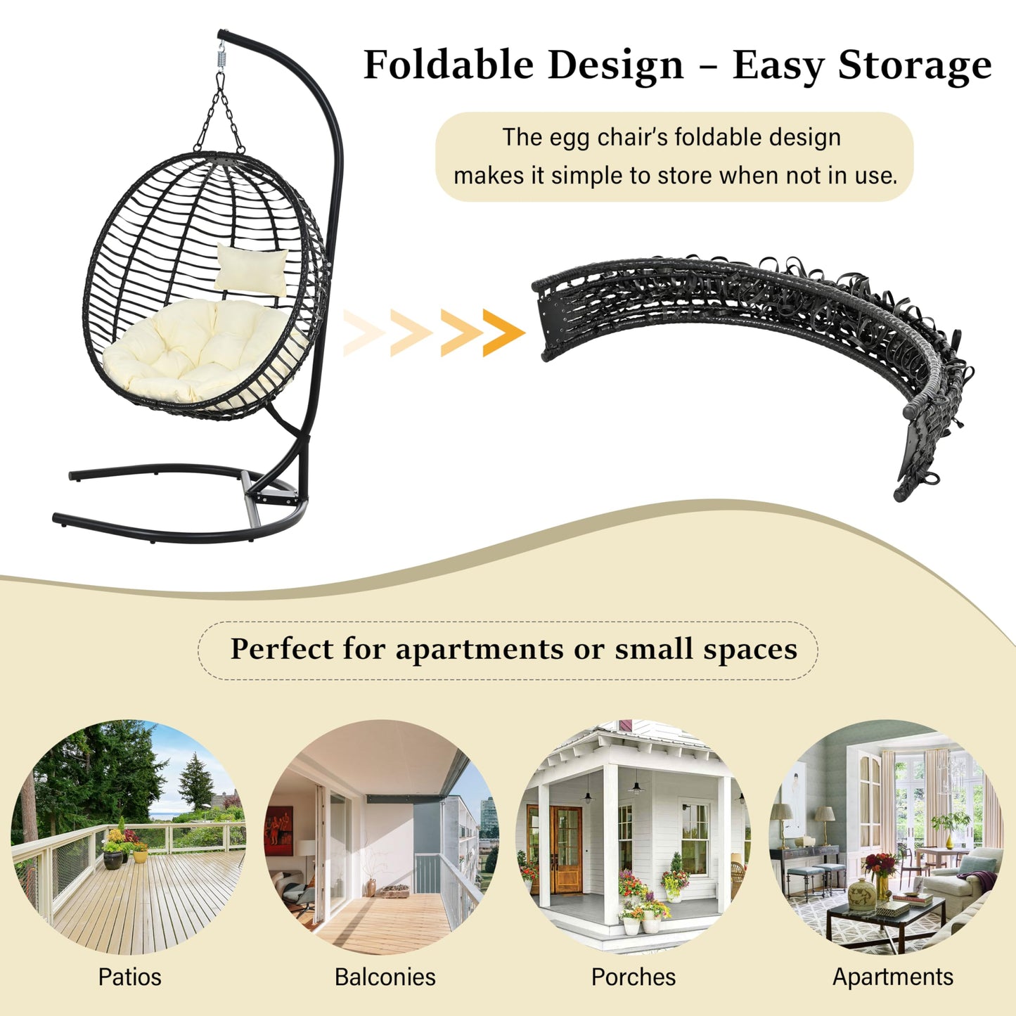 Merax Folding Hanging Egg Chair with Stand, Indoor Outdoor Wicker Hammock Swing Chair with Adjustable Anti-Slip Feet for Balcony, Bedroom, Garden
