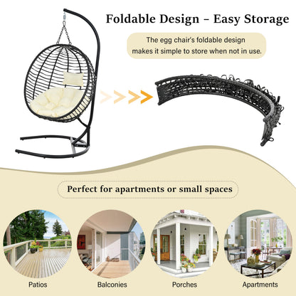 Merax Folding Hanging Egg Chair with Stand, Indoor Outdoor Wicker Hammock Swing Chair with Adjustable Anti-Slip Feet for Balcony, Bedroom, Garden