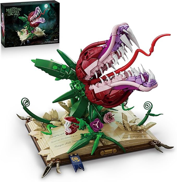 Piranha Plant Building Set for Adults Horror Shop of Cannibal Little Flower Model with Openable Mouth &amp Magic Base Book Gift for Tv Film Fans