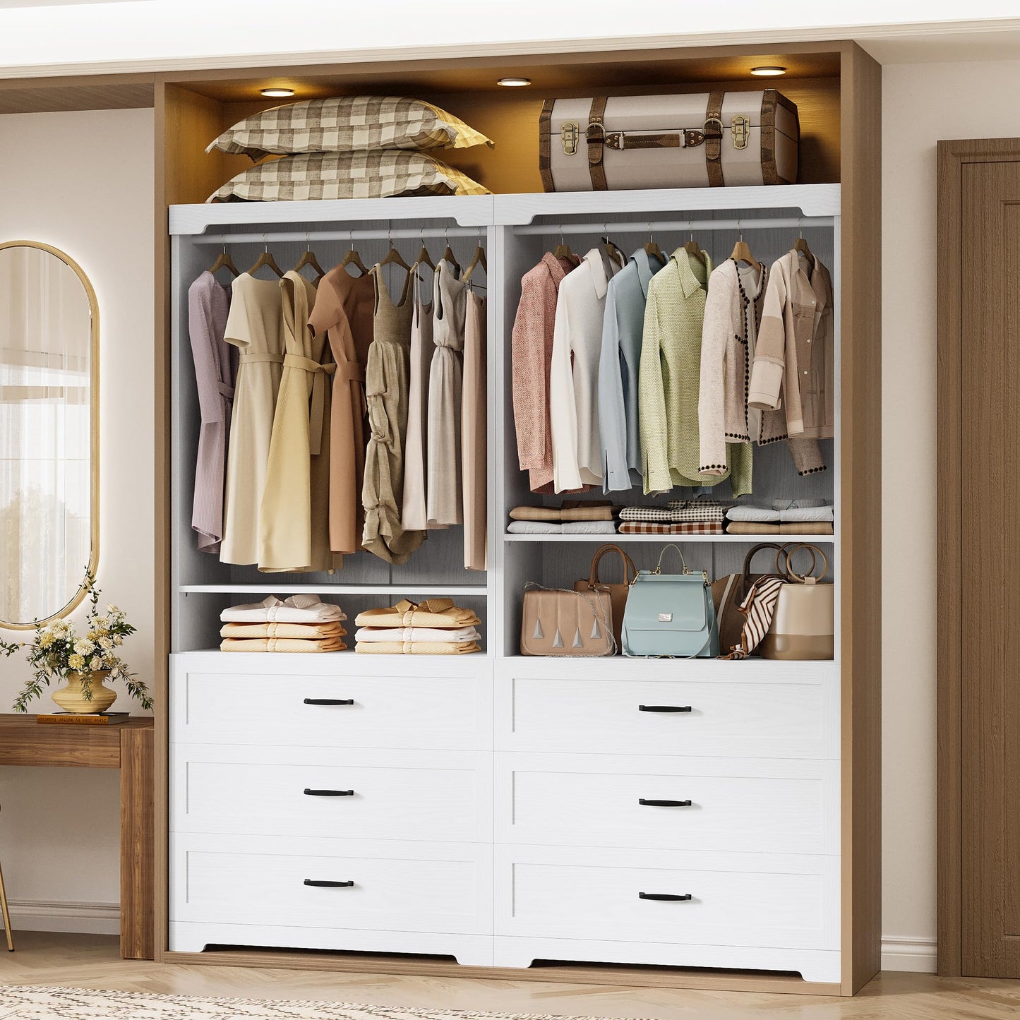 IRONCK Freestanding Closet System with 3 Wood Drawers, Modern Armoire Wardrobe with Adjustable Shelves & Hanging Rod, Walk-in Closet Systems Organizer for Small Closet, 31.5" White
