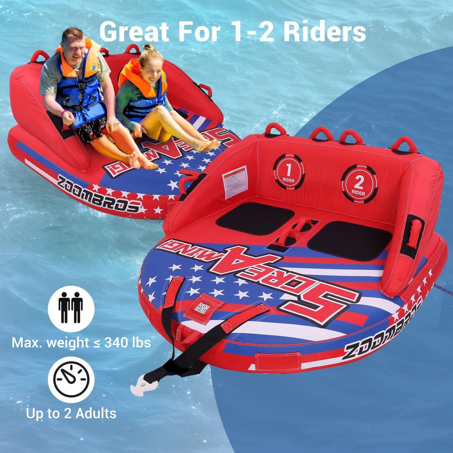 ZOOMBROS Towable Tubes for Boating 2-3 Person, Front/Back Tow Points Sofa Style Boat Tubes and Towables, Holds 340-510 lbs Large Capacity, Premium Nylon Cover, Perfect for Kids & Adults