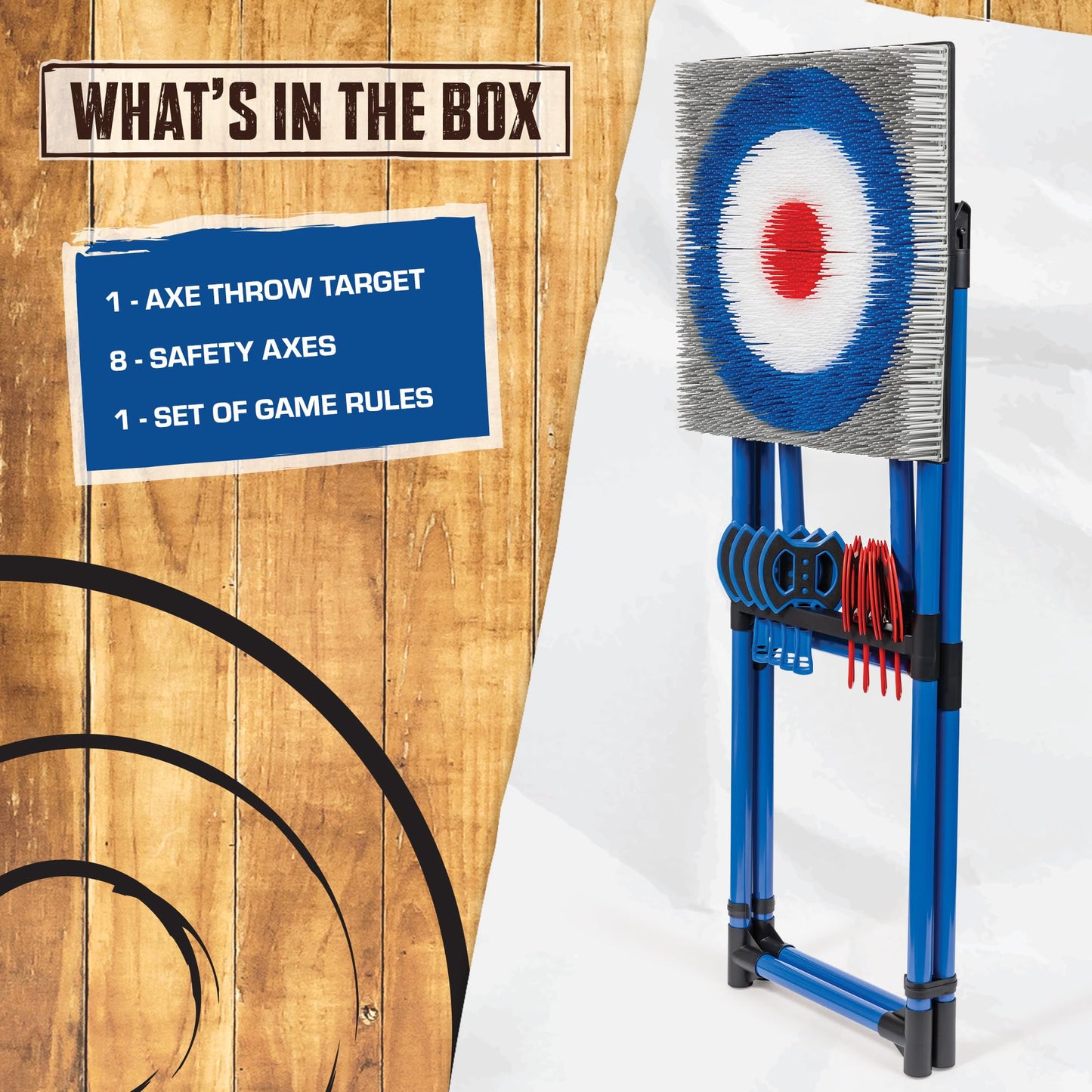 EastPoint Axe Throwing Game Set - 8 Foam & Plastic Throwing Axes - Heavy Duty Steel Frame - Over 5 Ft Tall - Folds Flat for Portable Outdoor Games - Unique Bristle Target for Yard Games