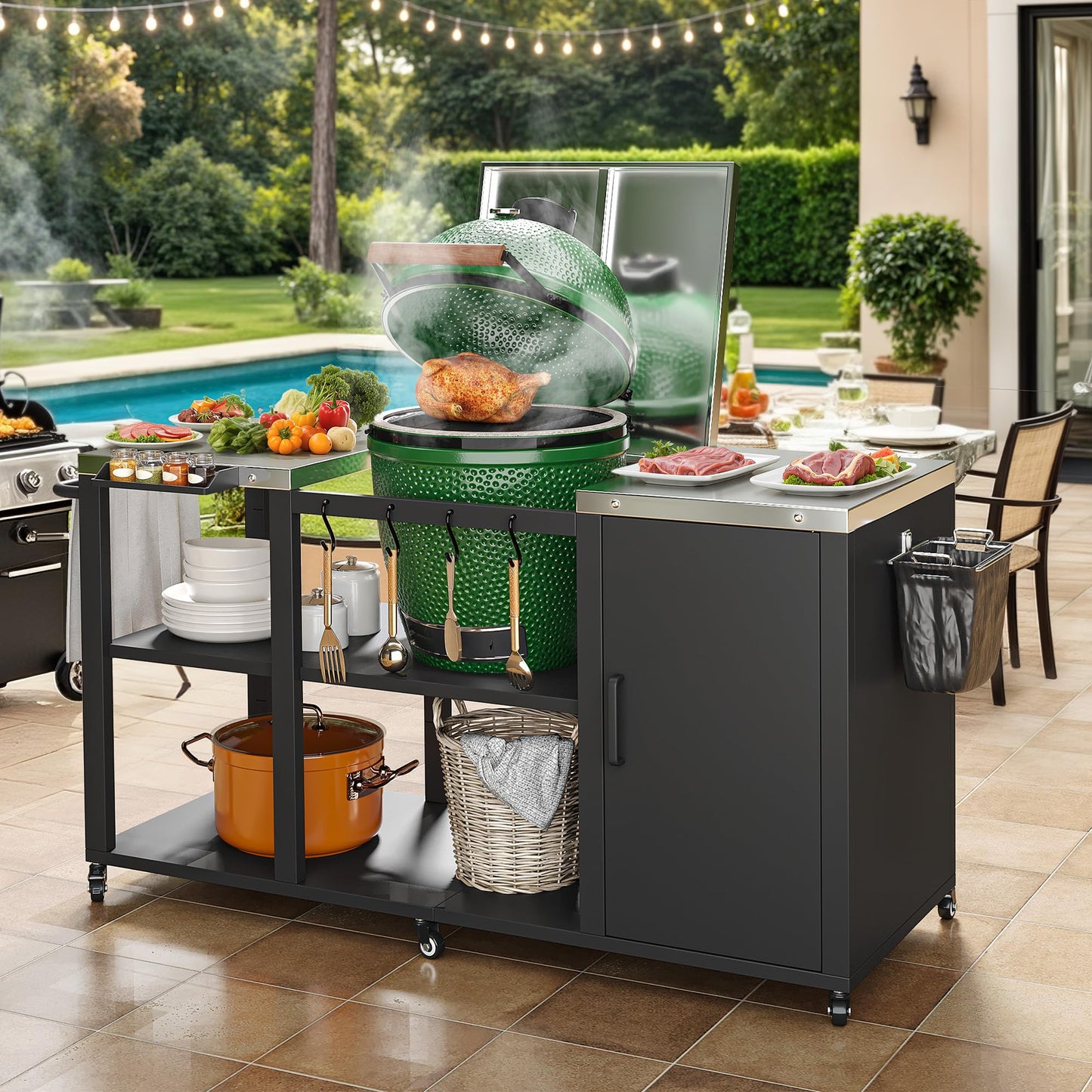 YITAHOME Big Green Egg Grill Table with Removable Stainless Steel Tabletop, Outdoor Kitchen Island with Spice Rack, Paper Towel Holder, and Trash Bag Holder, BBQ Prep Table for Parties