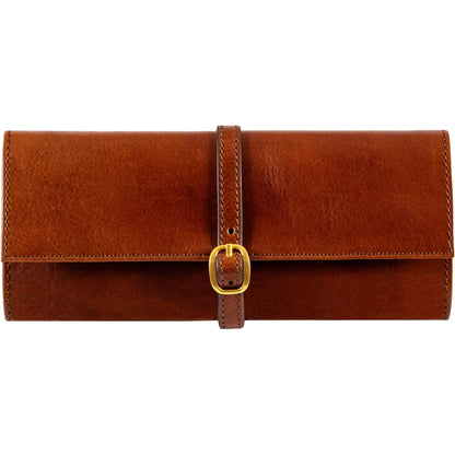 Time Resistance Leather Jewelry Roll - Full Grain Leather Travel Jewelry Case - Jewellery Organizer Made in Italy (Cognac Brown)