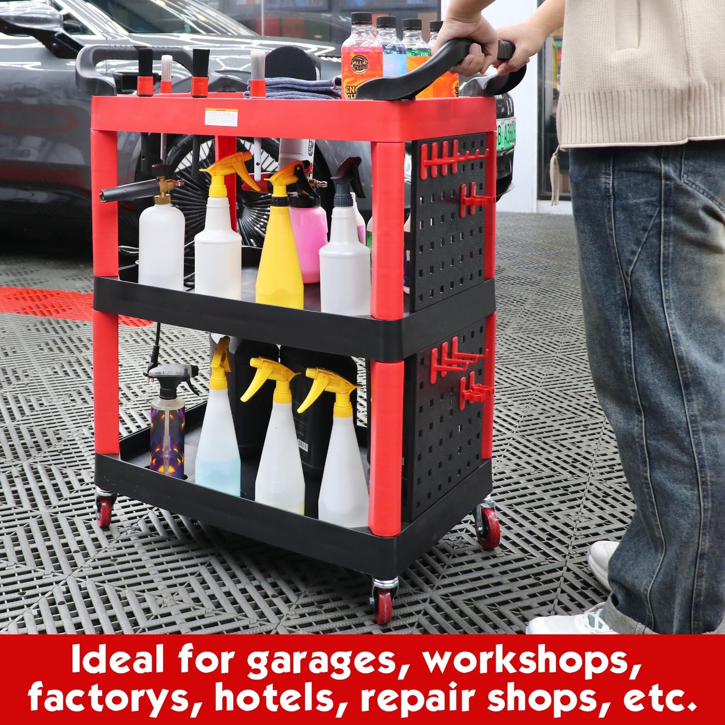 ALL4DETAIL Auto Detailing Cart with Wheels, 3 Tier Car Detailing Cart with Hanging Boards & Hooks, Car Wash Organizer for Garage Workshop DIY Home