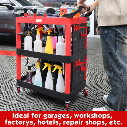 ALL4DETAIL Auto Detailing Cart with Wheels, 3 Tier Car Detailing Cart with Hanging Boards & Hooks, Car Wash Organizer for Garage Workshop DIY Home