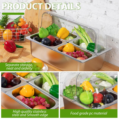 Ziliny Countertop Food Serving Display Container and Clear Roll Top Cover Stainless Steel Food Serving Tray Buffet Condiment Dispenser Display Rack for Restaurant Kitchen(Silver,21 x 13 x 13'')