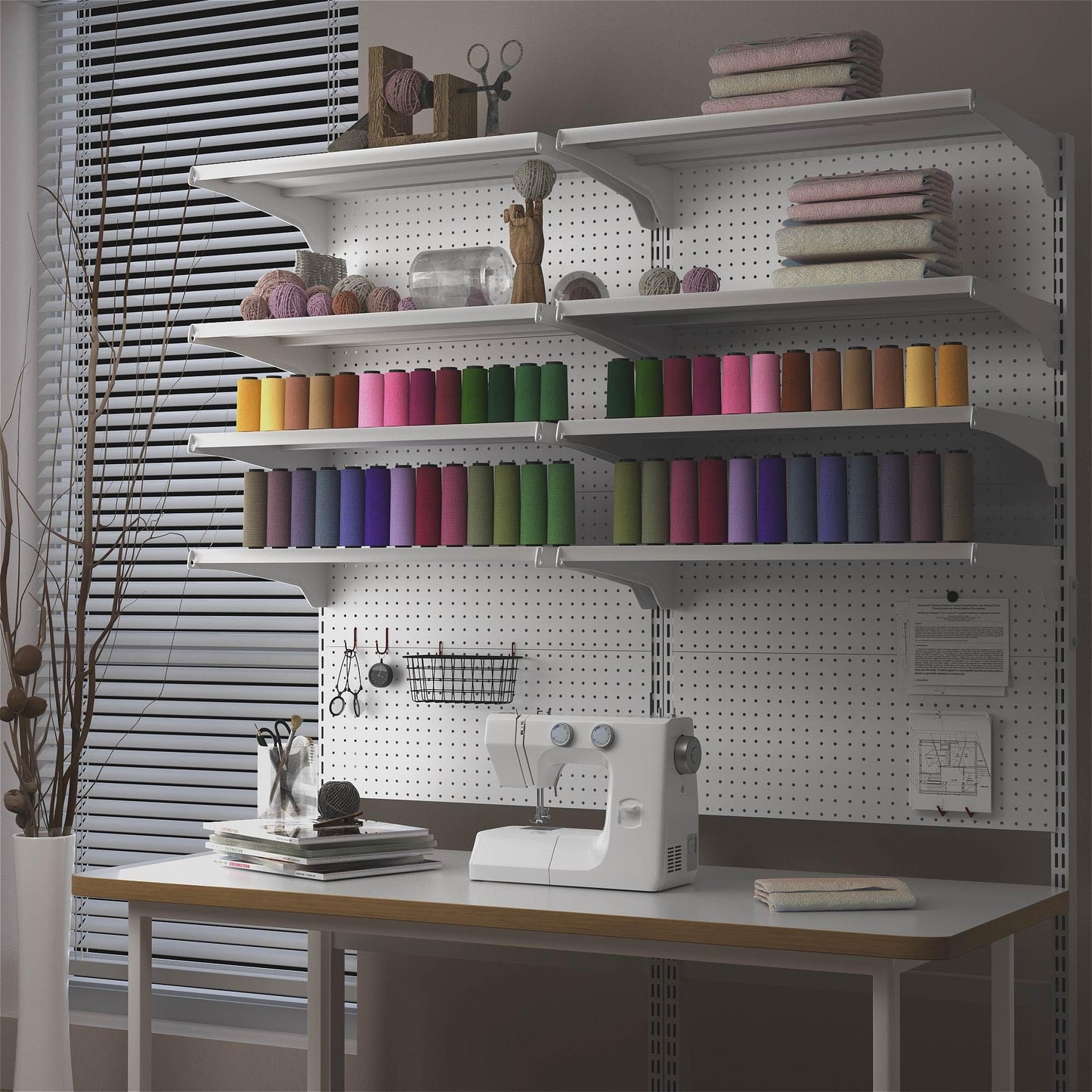 JWX Standing Pegboard Shelf Unit, White Gaming Home Office Garage Cabinets with Metal Pegboard and 15 Pieces Organizer Tool Holders