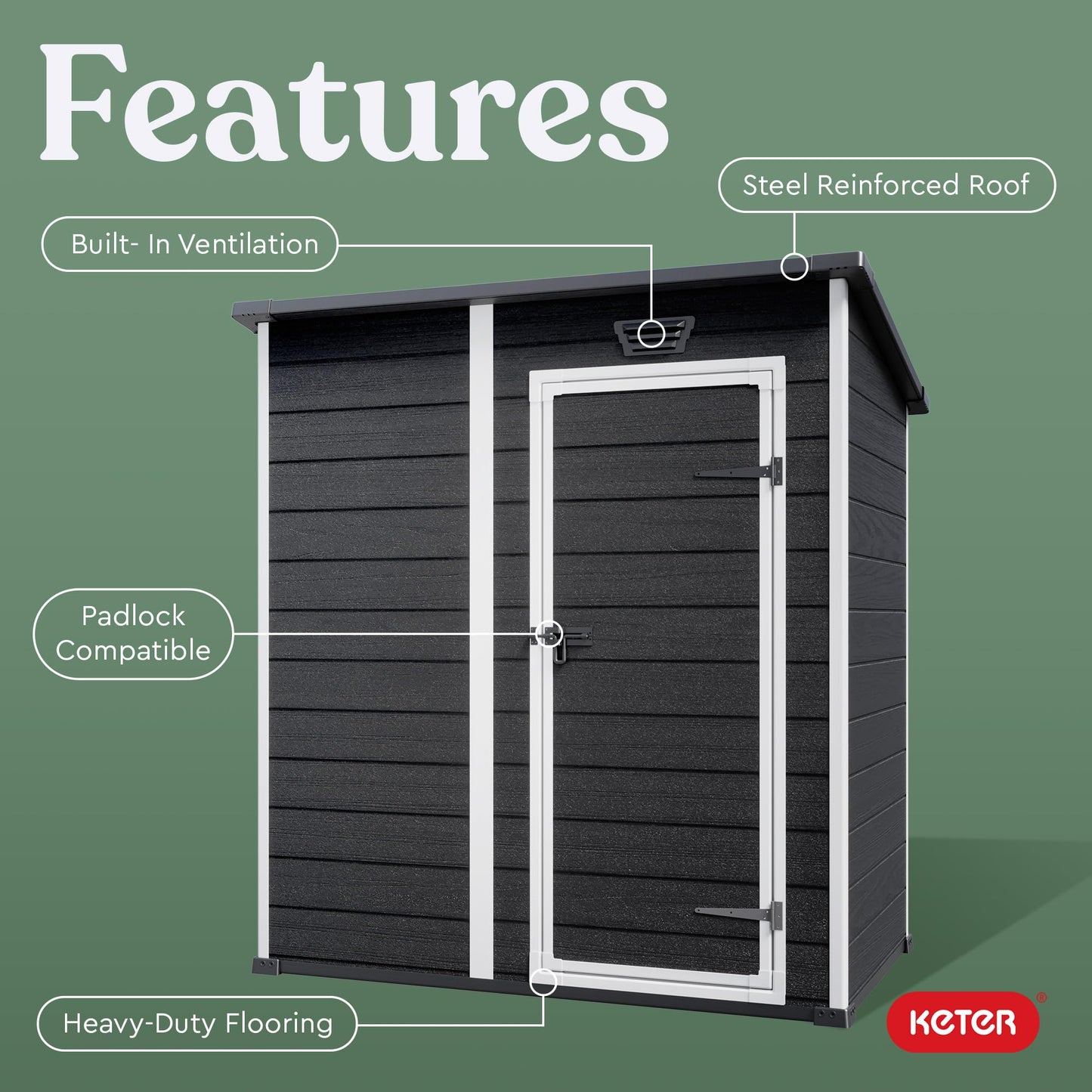 Keter Essential Shed 4x6 Resin Outdoor Storage Shed Ideal Storage for Patio Furniture, Garden Tools Bike Accessories, Beach Chairs and Lawn Mower, Black and White