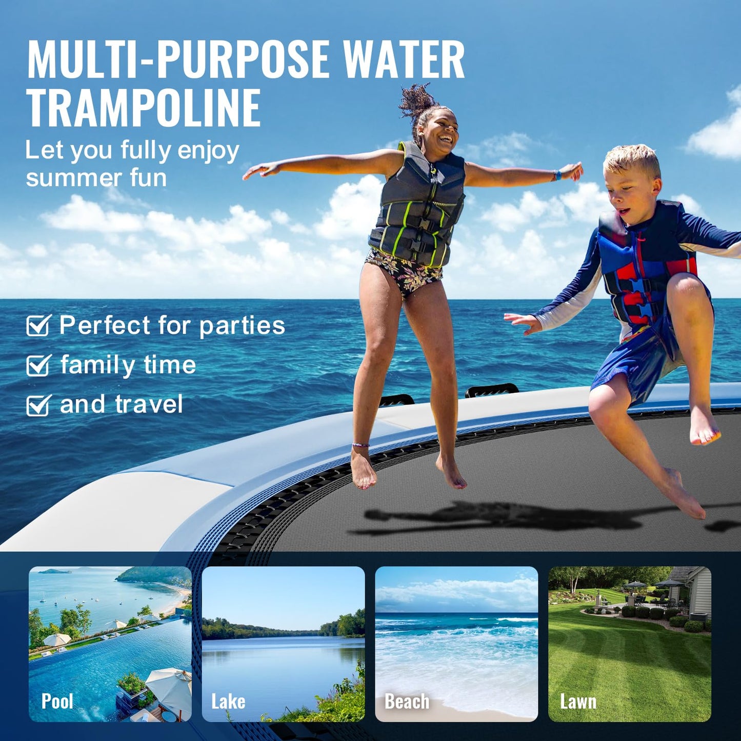 VEVOR Recreational Water Trampoline 15ft, Inflatable Water Bouncer, Portable Bounce Swim Platform with Electric Air Pump & 3-Step Ladder, Kids Adults Floating Rebounder for Water Sports, Pool, Lake