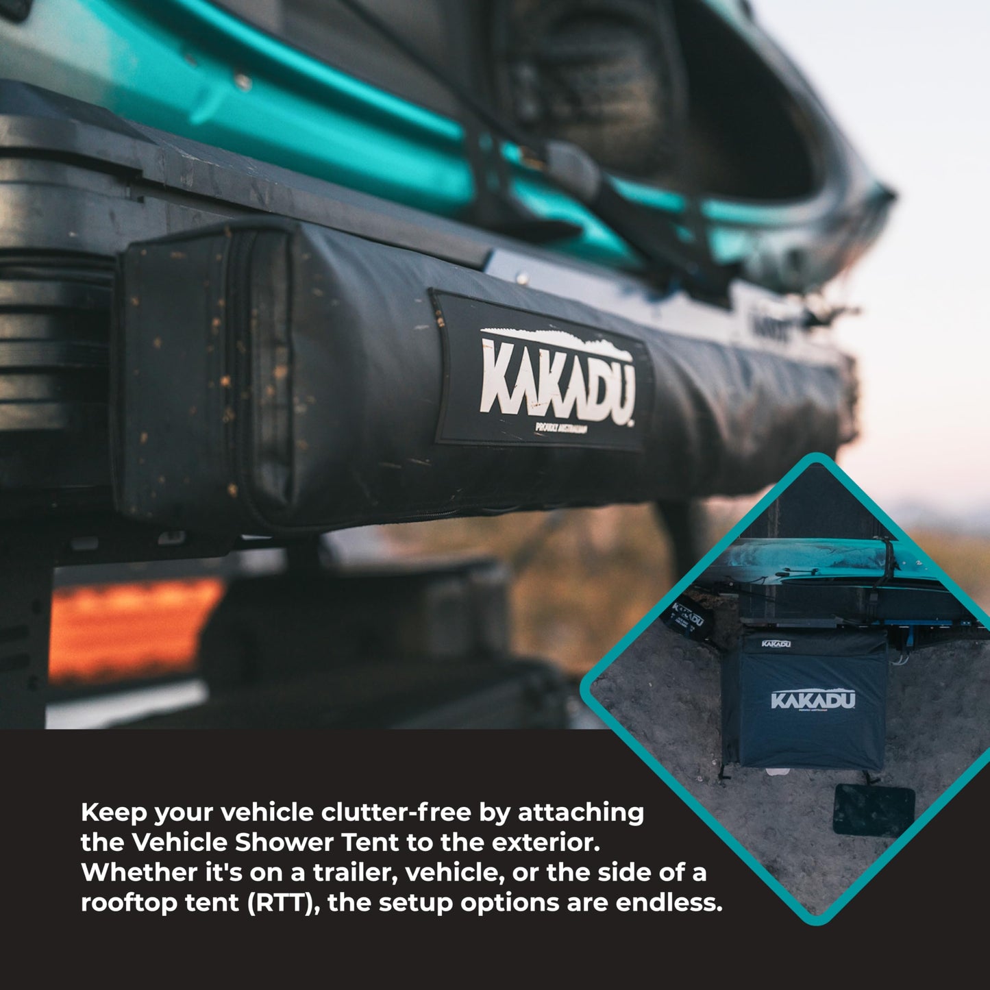 Kakadu Outback Shower Vehicle Tent, Camping Privacy Shelter, Bathroom Tent for Cars – with Roof, LED Light, BlockOut® Technology, Towel Rod, Storage System