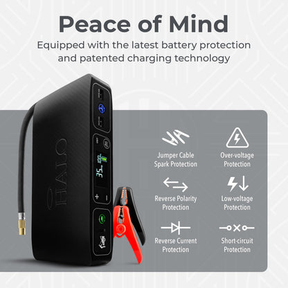 HALO Bolt Air 58830 Portable Car Battery Jump Starter | 100 PSI Air Compressor, 58.8Wh USB Power Bank, Emergency Floodlight & Charger, Jumps Cars SUVs & Trucks, Inflates Tires, TSA Approved — Black