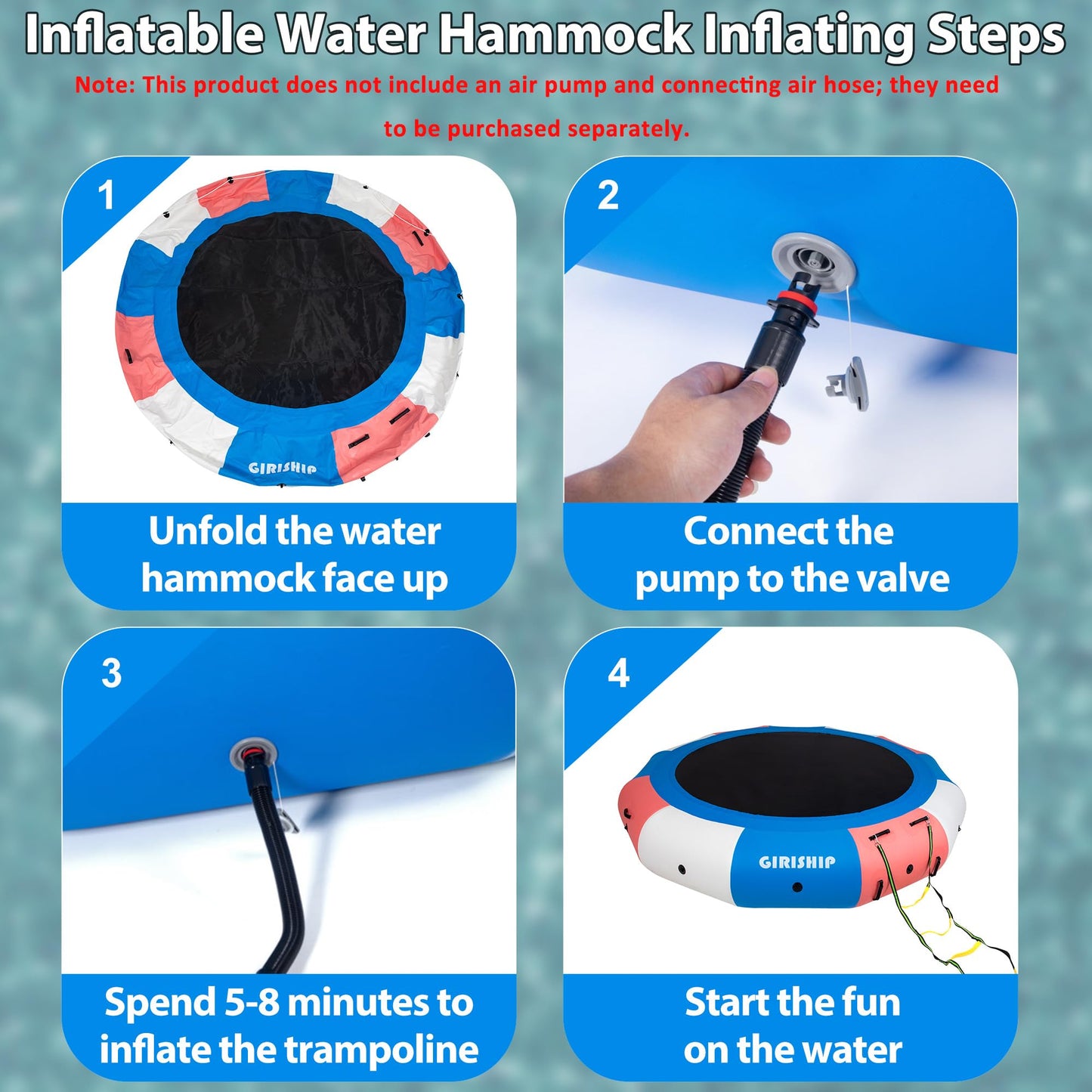 GIRISHIP Inflatable Water Trampoline for Lake, Floating Lake Trampoline for Adults, 8/10/12/15FT Heavy Duty Water Swim Platform for Lake Ocean with Ladder & Ropes (No Pump)