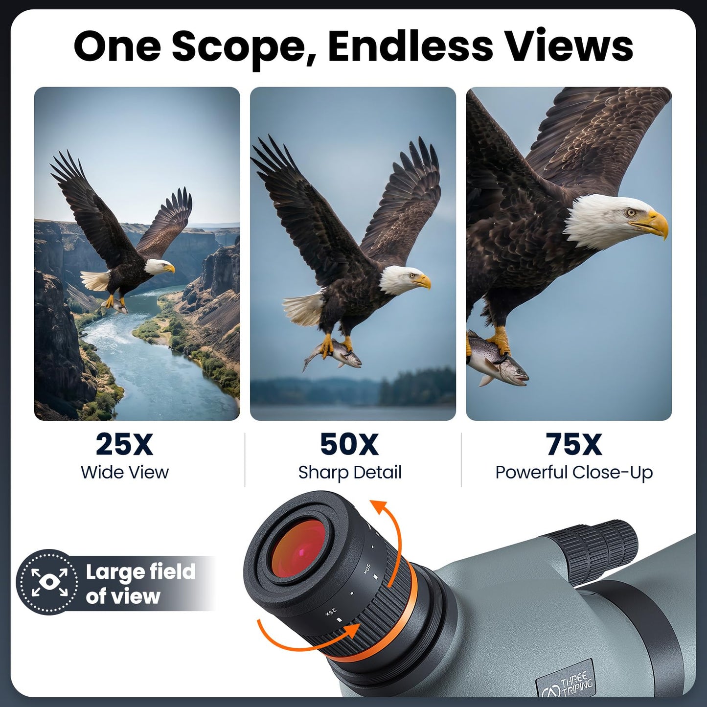 Three Triping Spotting Scope with Tripod & Phone Adapter – 25-75x85 Dual Focus Spotter Scope for Bird Watching, BAK4 Prism & FMC Lens, Waterproof & Fogproof with Carry Bag for Outdoor Observation
