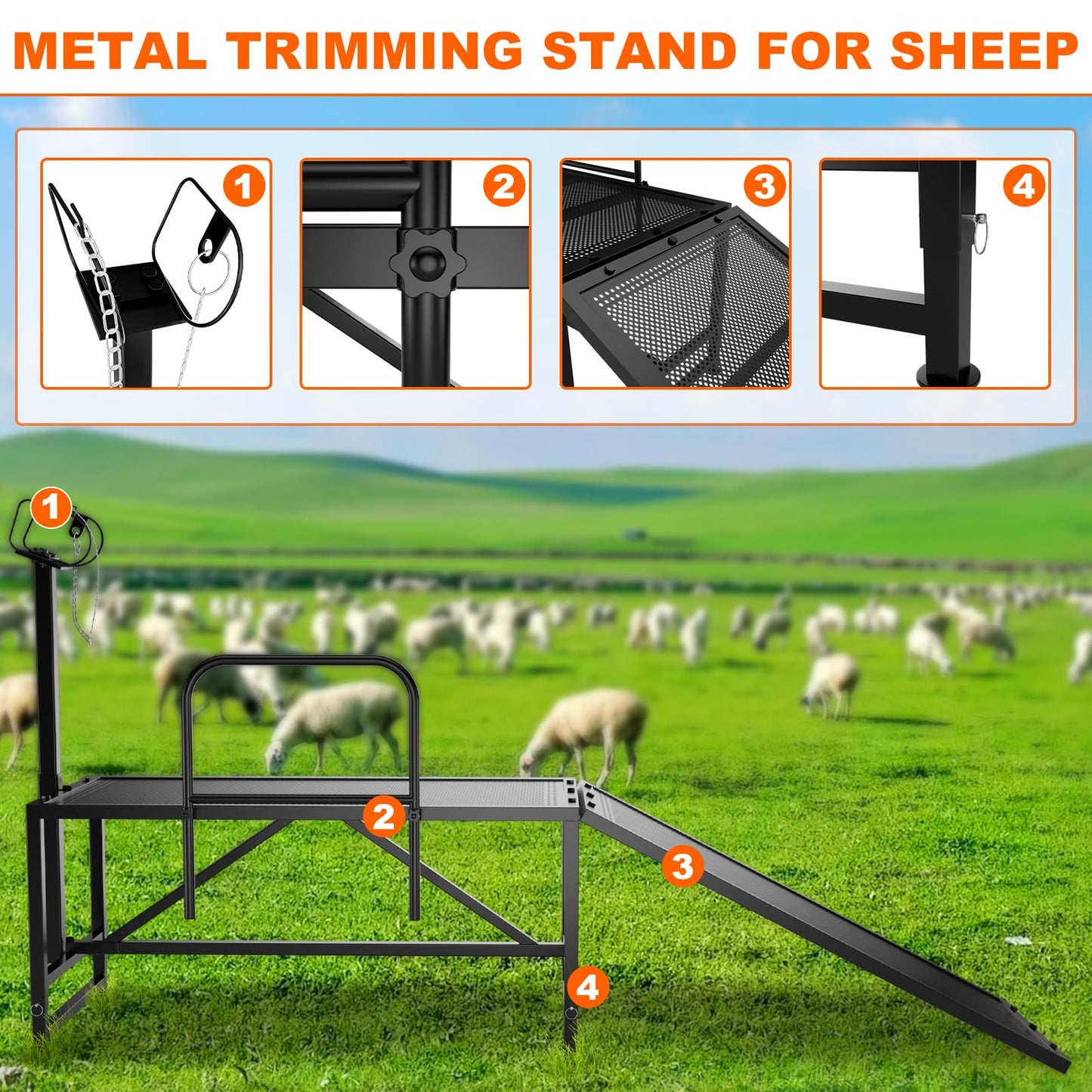 ZUIWAN Heavy Duty Sheep Trimming Stand with Ramp - Adjustable Livestock Grooming & Milking Stand for Goat, Sheep Shearing and Milking Frame