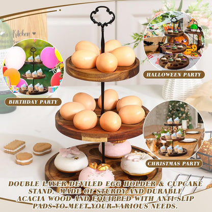 Newtay 3 Tier Wooden Deviled Egg Platter 26 Holes Deviled Egg Stand Plate Reversible Tray Serving Tray Holder for Easter Thanksgiving Christmas Cheese Serving Home Supplies(Black)