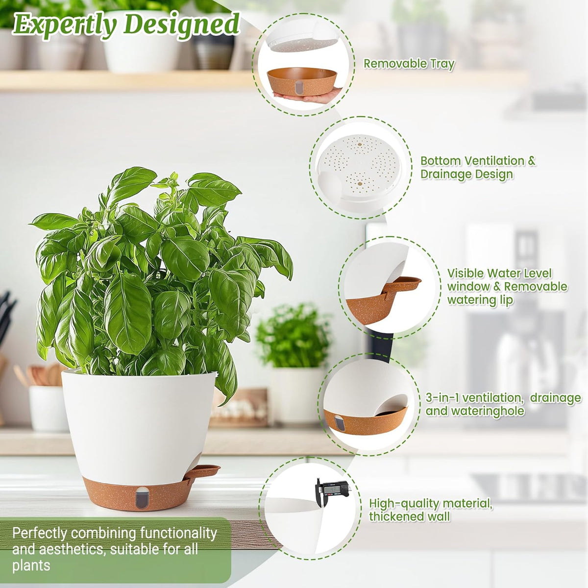 Skiennix 8-Inch Self-Watering Plant Pots - Durable Plastic with Drainage Holes & Water Level Indicator | White (2-Pack)
