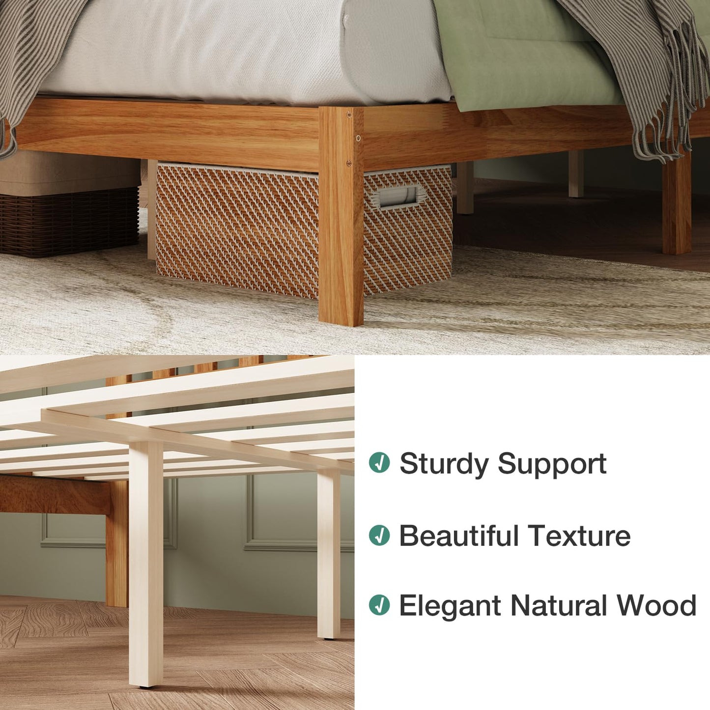 Novilla Queen Bed Frame with Headboard, Solid Wood Bed Frame Foundation with Wood Slat Support, No Box Spring Needed, Easy Assembly, Oak