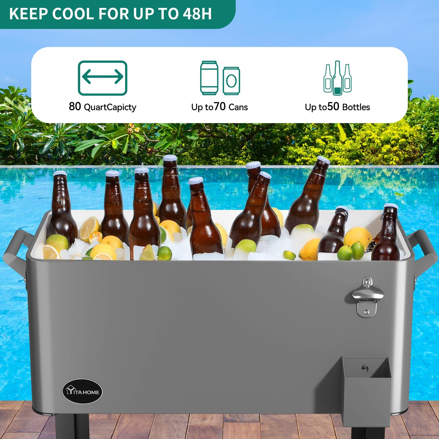 YITAHOME 80 Quart Rolling Cooler Cart with Bottle Opener Drainage, Portable Patio Cooler Rolling on Wheels, Outdoor Rolling Beverage Cart Drink Cooler for Patio Pool Deck Party BBQ Cookouts (Silver)