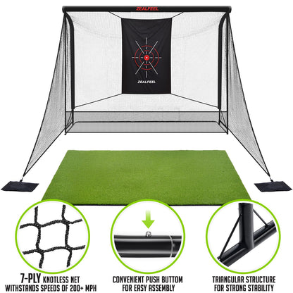Zealfeel Golf Net, 10x7ft Golf Simulator Enclosure Net with Side Barriers, Low-Noise Silk Target, Carry Bag, 2 Sand Bags, 4 Stakes, Hiting Net for Backyard Driving Chipping Indoor Outdoor Use