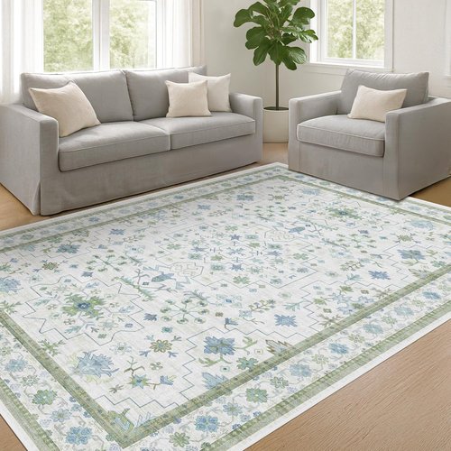 Hazo Haus Cream Oushak 6x9 Area Rug - Boho Floral Design in Cool Blue & Green | Washable, Non-Slip, Low Pile