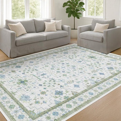 Hazo Haus Cream Oushak 6x9 Area Rug - Boho Floral Design in Cool Blue & Green | Washable, Non-Slip, Low Pile