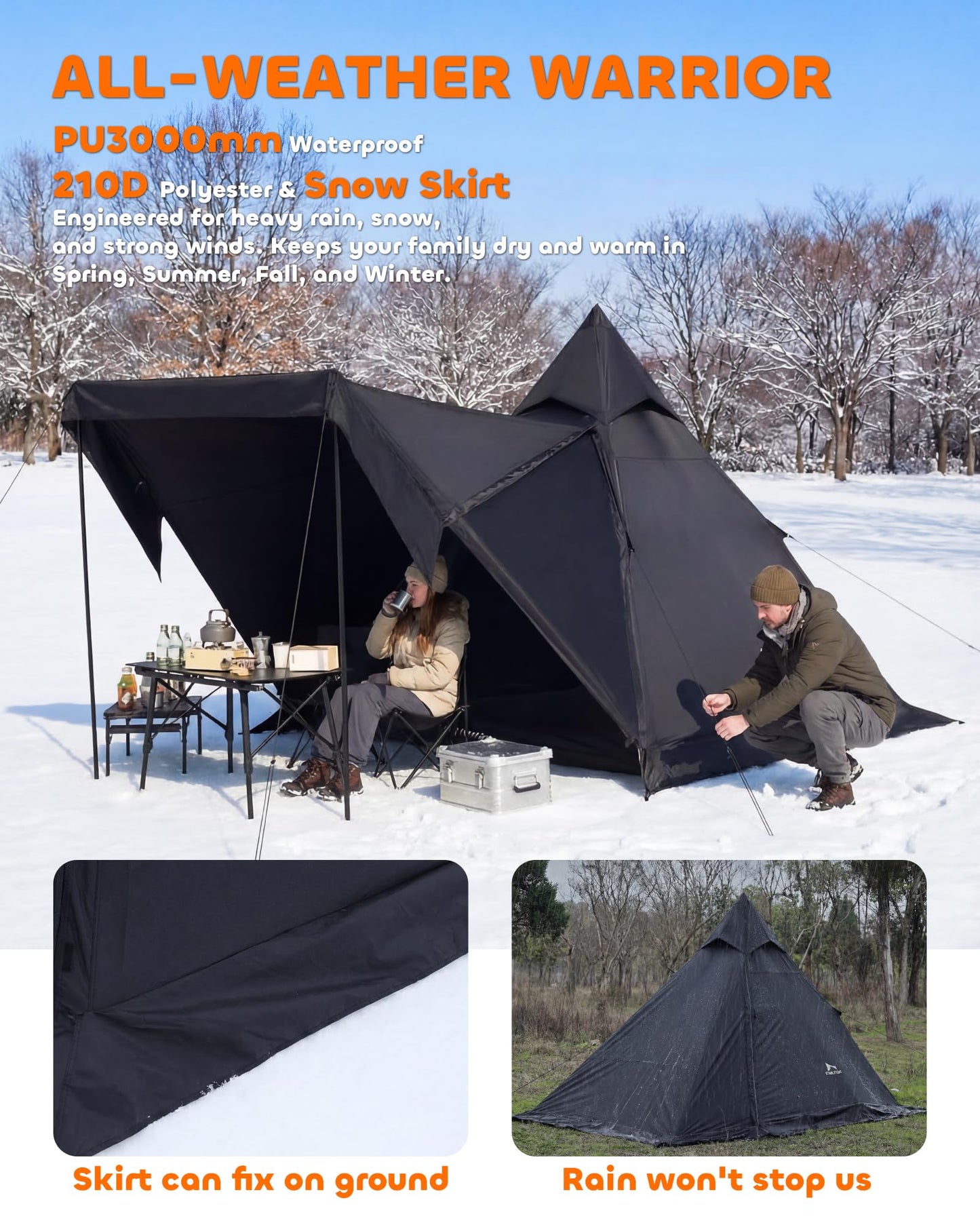 Teepee Camping Tent, 4-6 Person with Snow Skirt, Quick Setup 4 Season Double Layer Waterproof Anti-UV Windproof, for Family Outdoor, Hunting, Backpacking & Hiking, Heavy Duty All-Weather Shelter