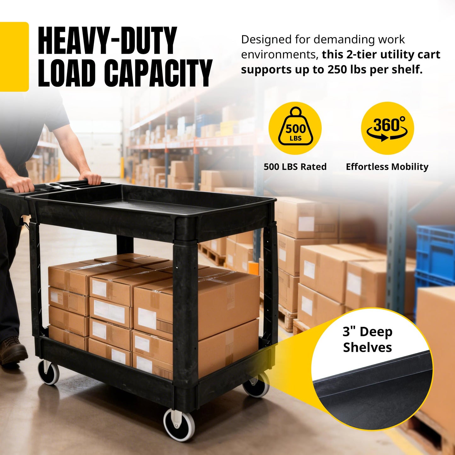 MaxWorks 2‑Tier Heavy‑Duty Utility Service Cart 500 lb Capacity 46" x 25.5" x 33.5" with 5" Swivel Casters and Polypropylene Shelves for Garage Workshop Warehouse Office (80858)