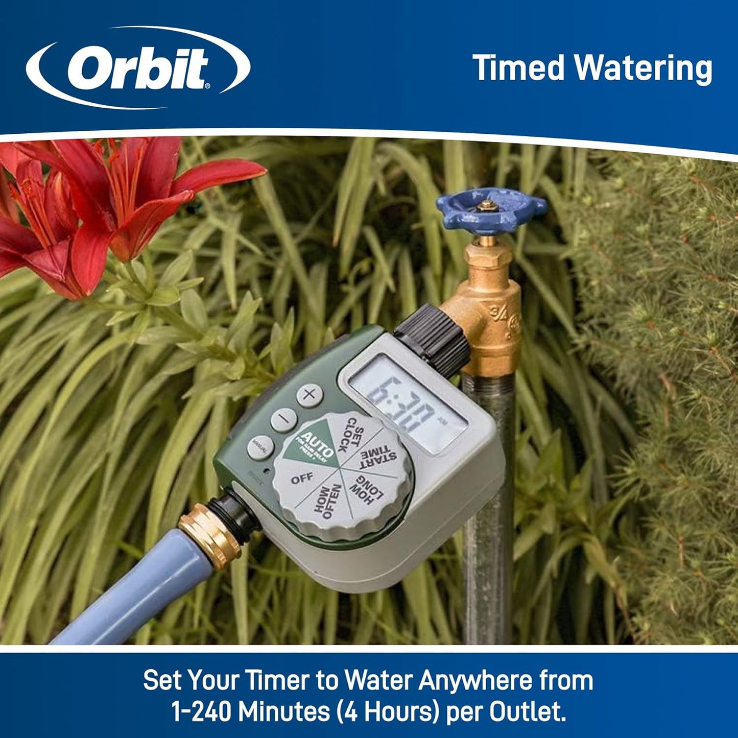 Orbit Programmable Digital Hose Watering Timer - Battery Powered with LCD Screen | 1 Outlet, Rain Delay Feature