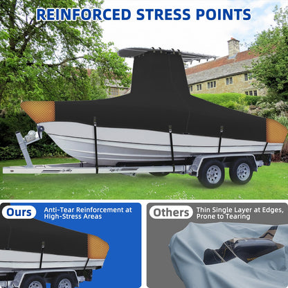 Marine Grade Waterproof Center Console Boat Cover with T Top Roof, Tear Resistant Trailerable Storage Covers, All-Weather Protection T-Top Boat Cover 26-28 ft, Beam Width Up to 116", Black