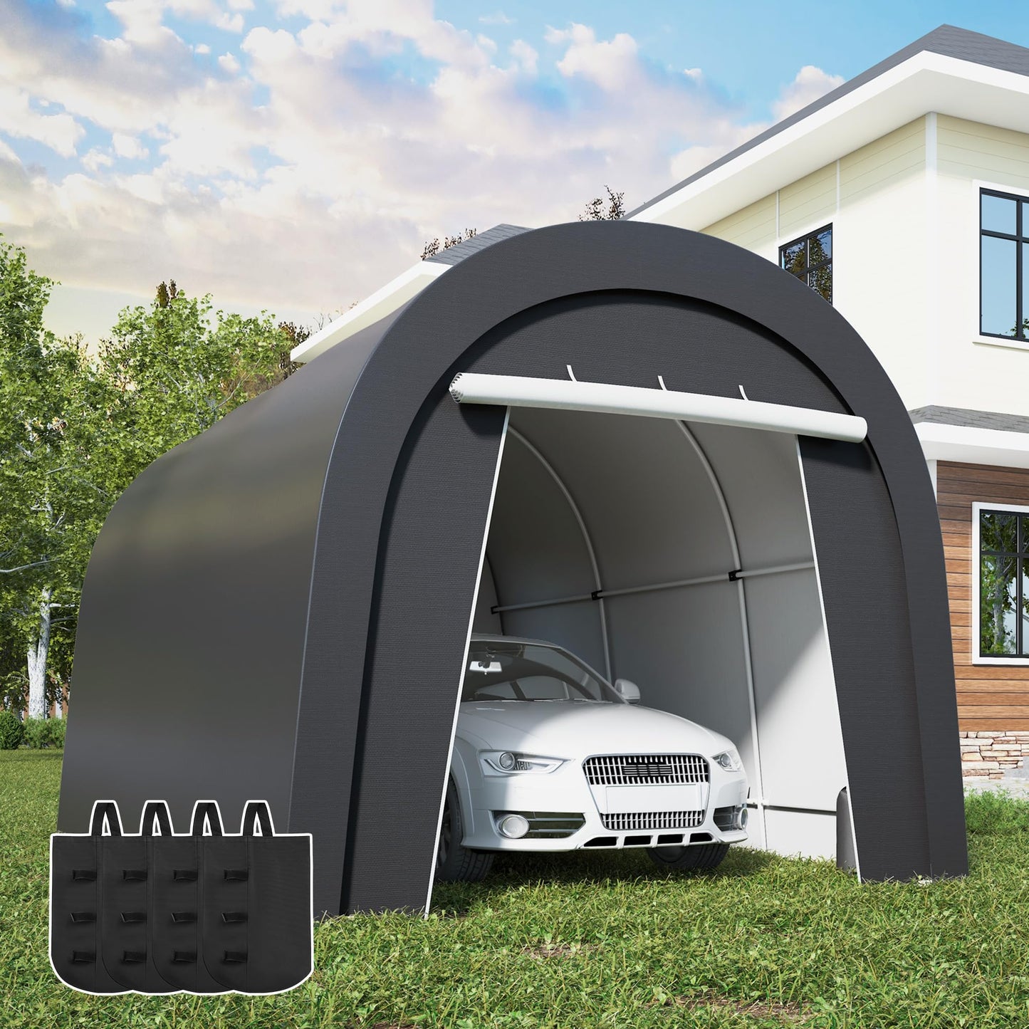 Wisteria Lane Heavy Duty Carport with 4 Cloth Bags, All-Weather Portable Garage with 2 Roll-up Doors, Car Canopy Storage Shelter Shed for Cars, Truck, or Garden Tools, 10' x 15'