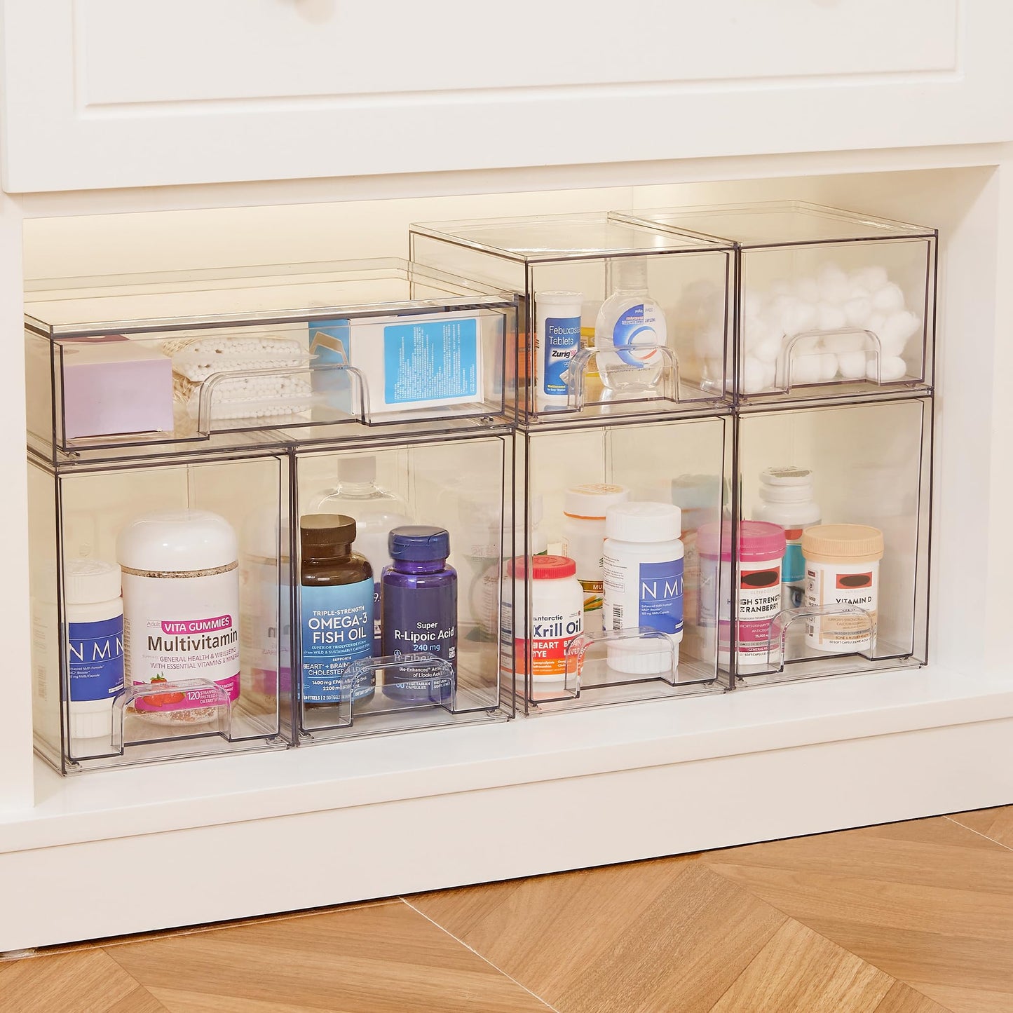 Vtopmart 7.6" H Clear Stackable Storage Drawers, 4 Pack Plastic Organizers Bins for Skincare, Cosmetics,Beauty Supplies,Ideal for Vanity, Bathroom,Kitchen Countertop,Cabinet Organization