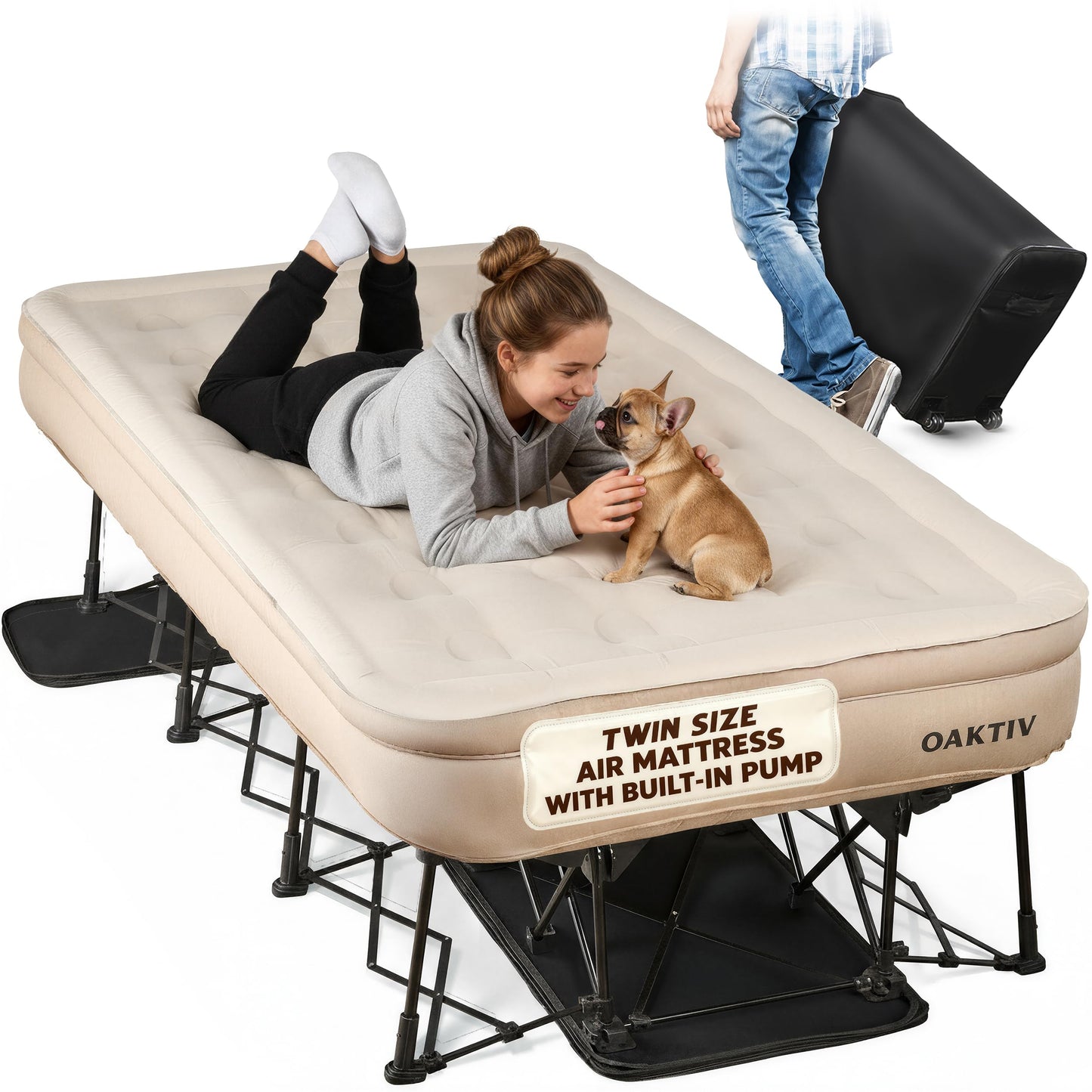 Oaktiv Twin Air Mattress with Frame, Self Inflating/Deflating Bed for Adults - PeakRest Blow Up Bed, Camping Cot with Mattress - Portable with Travel Rolling Case on Wheels