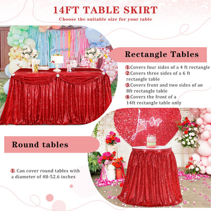 Table Skirt 14ft Red Christmas Table Skirt for Rectangle Square Round Table Sequin Tablecloth for Party Wedding Birthday Decorations