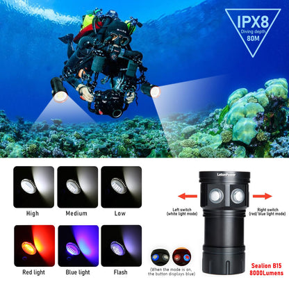 LetonPower B15 Dive Light Underwater Flashlight 8000Lumens Underwater Video Lights 80m Scuba Dive Light Diving Flashlight for Under Water Sports,Underwater Video Shooting and Photography