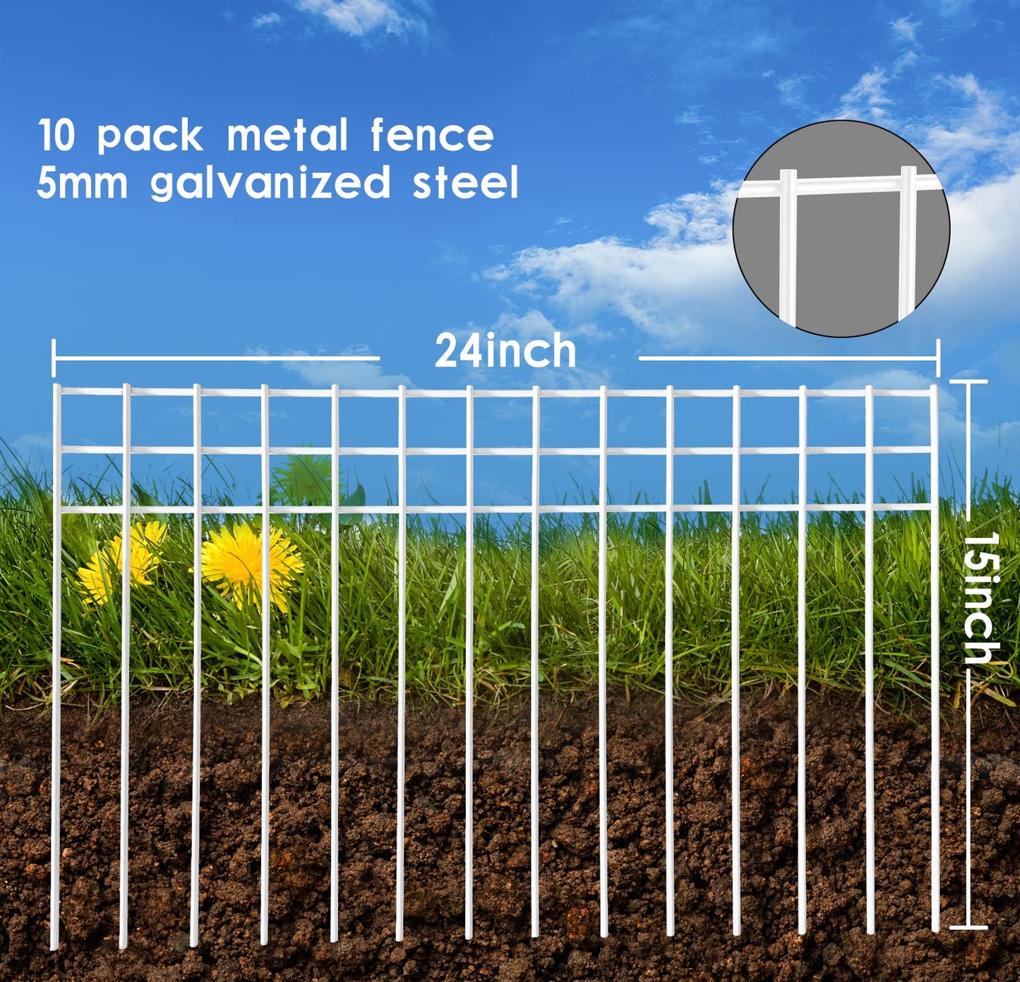 24x15-inch No Dig Animal Barrier Fence, 20 Pack White Dig Protective Fence with 2 inch Spike spacing, Dog/Rabbit/Groundhog Underground Defence, for Outdoor Garden Patio