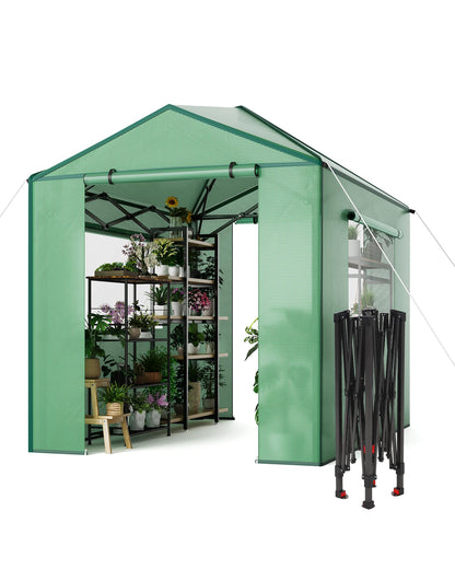 6x8 FT Pop-Up Greenhouse with Durable PE Cover, 96"x72" Large Grow Tent for All Seasons | Features Zippered Doors & Mesh Windows for Indoor/Outdoor Plants, Easy to Assemble (Green)