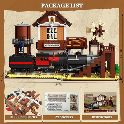 Western Train Station Building Set for Adults 3885 PCS West Steam Train Model Kit with Station Creative Collectible Home Décor Display Kit for Adults and Teens 14+