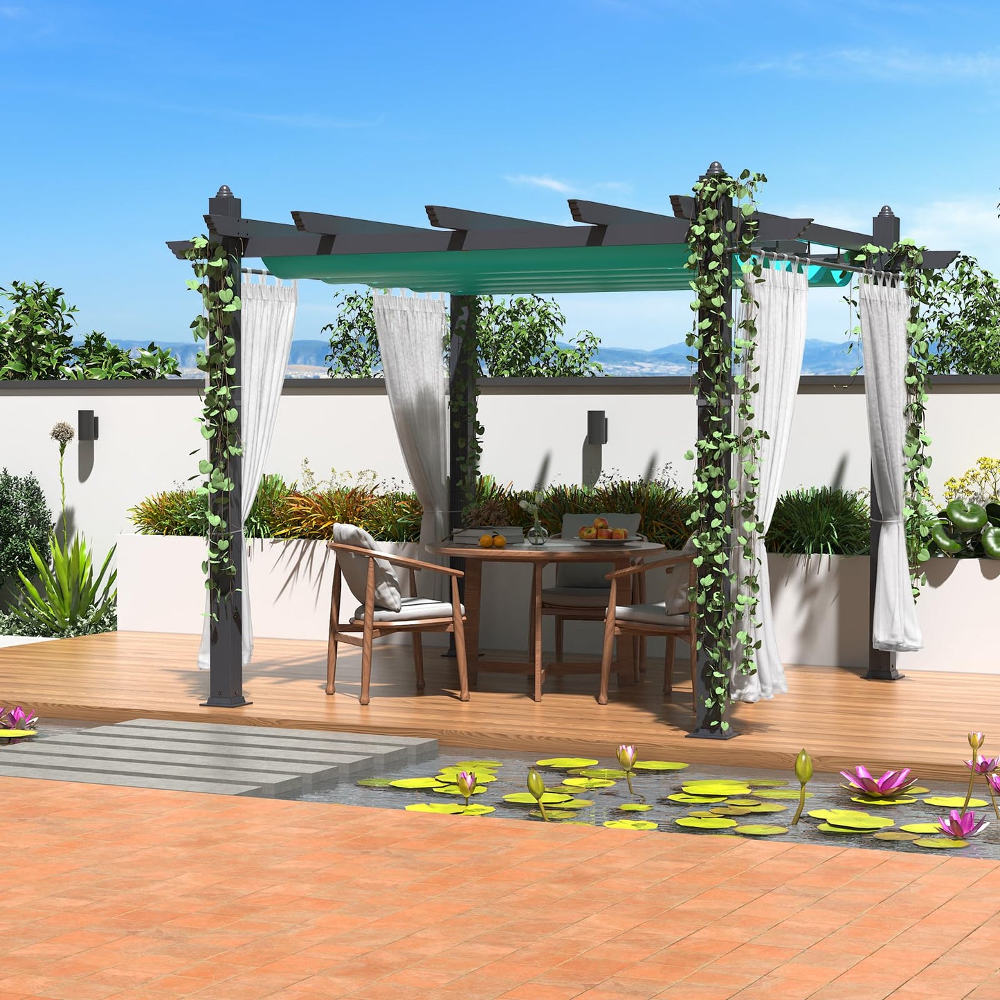Aluminum Pergola with Retractable Canopy, 10x13 ft Sun Shade, Rust-Resistant Outdoor Pavilion for Patio, Backyard, Deck, Poolside, Waterproof, Grape Trellis, Blue with Curtains and Mosquito Netting