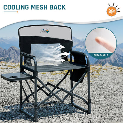 2 Pack Camping Chairs for Adults Directors Chair with Side Table, 1-Step Setup, Mesh Backrest Folding Lawn Chairs with Pocket, Foldable Camp Chair for Outdoor, Picnic, Sports and Fishing, Black
