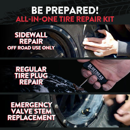 GlueTread Expedition All-Inclusive Off-Road Tire Repair Kit | Repair Any Kind of Tire Damage or Puncture | Includes Sidewall Tire Repair Patches, Plugs, and Colby Emergency Valve Stems