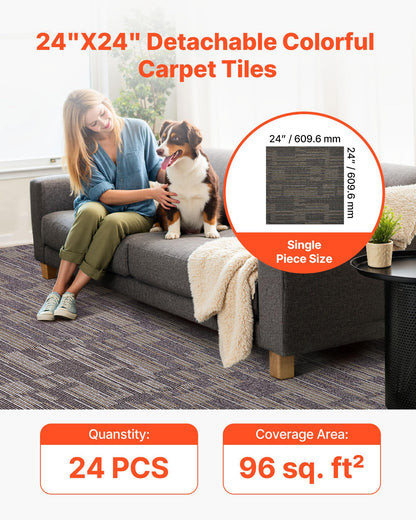 VEVOR Carpet Tiles Reusable 24x24 inch, 24 PCS Modular Carpet Square Rug, Commercial Floor Soft Padded for Seamless Cover 96sq.ft², Easy DIY for Living Room Bedroom Office Indoor,Gray & Brown