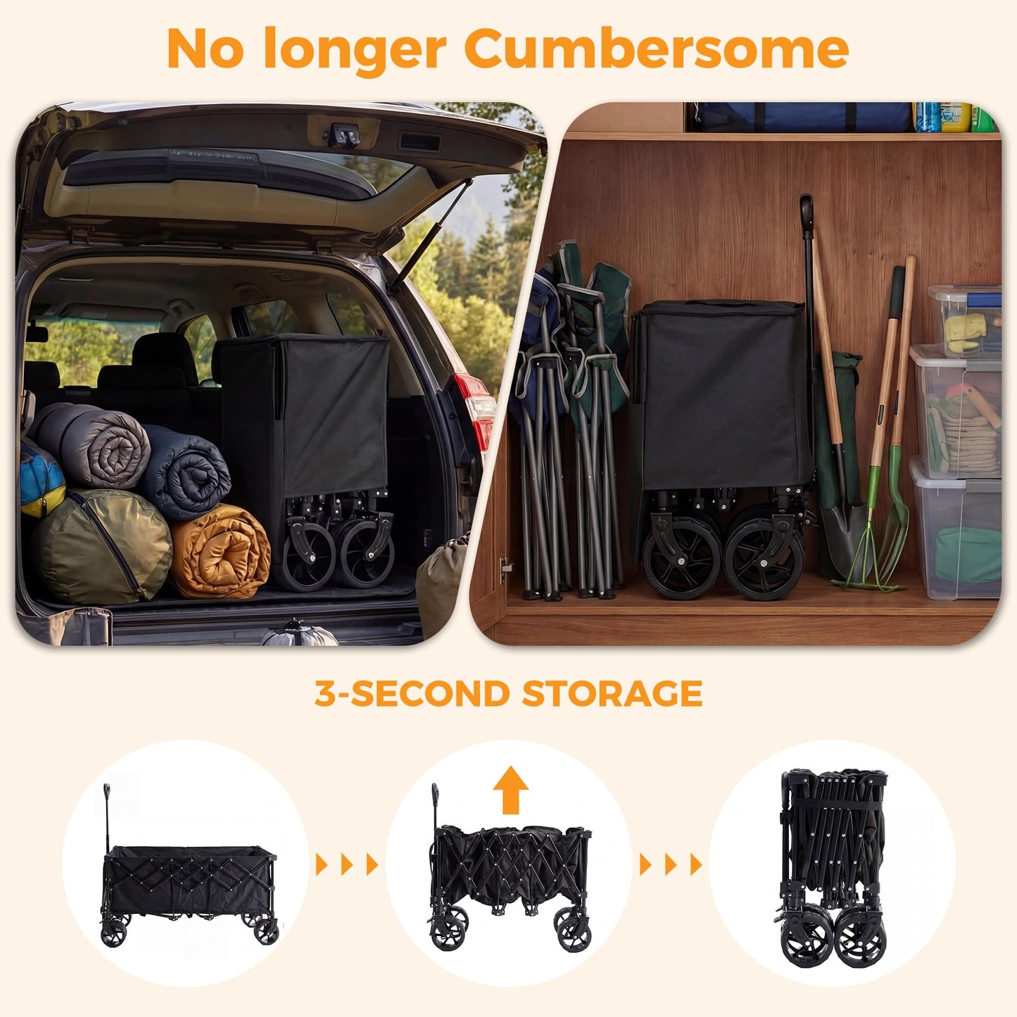 NEWBULIG Foldable Wagon Cart, 440LB Heavy Duty Collapsible Wagon with Extra-Long Storage, All-Terrain Wheels, Portable Utility Wagon for Groceries, Camping, Sports, Beach, Garden, Black