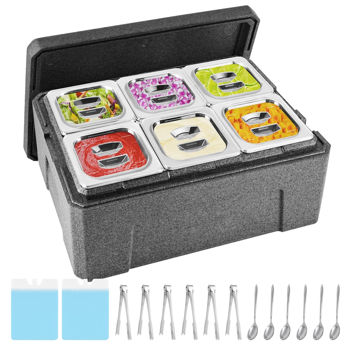 Tragaomx Insulated Cold Food Buffet Ice Serving Trays 6 Lids 6 Pans 2 Ice Packs Insulation Box Cooled Condiment Serving Container Ice Platter Food Cooler for Parties Buffets Fruit Market